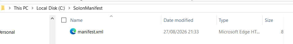 Windows Explorer showing manifest.xml in C:\SolonManifest