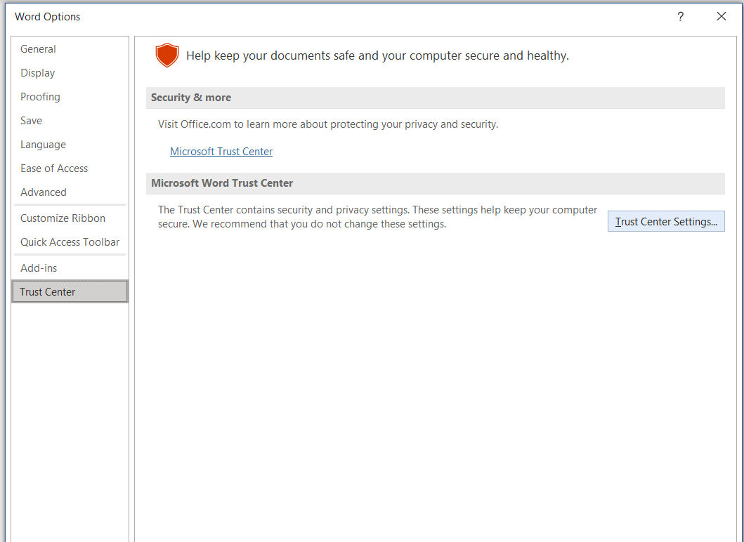 Word Options dialog with Trust Center Settings highlighted