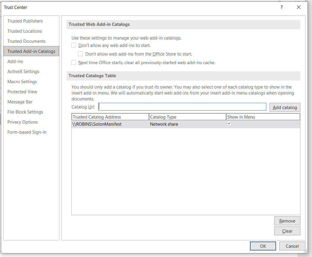 Trusted Add-in Catalogs table in Word Trust Center